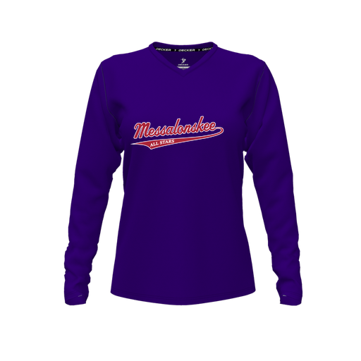[CUS-DFW-TEES-CMF-VNK-LSL-PUR-FYXS-LOGO2] Decker Comfort T-Shirt (Female Youth XS, Purple, V Neck, Logo 2, Long Sleeve)